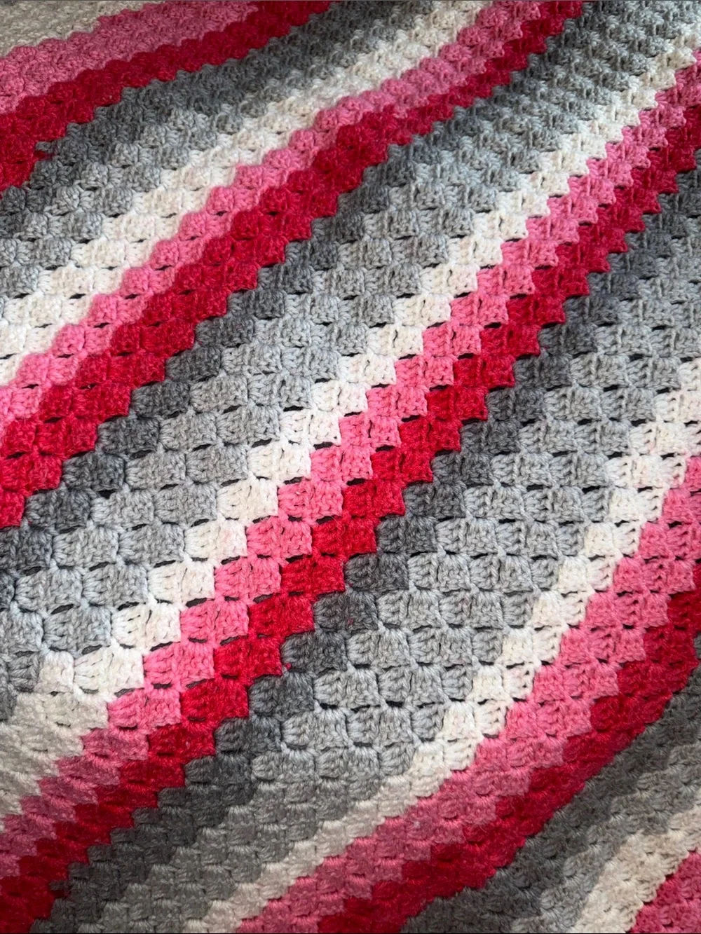 Hand Crafted Pink, Hot Pink, Gray & White Crochet Throw Blanket